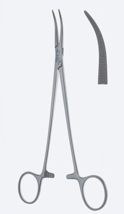 Зажими гемостатичні, "Fuchsig", делікатні, вигнуті, зубчаті щелепи, з кремальєрою, загальна довжина 185 мм. Бренд - Asanus Medizintechnik Gmb, Німеччина